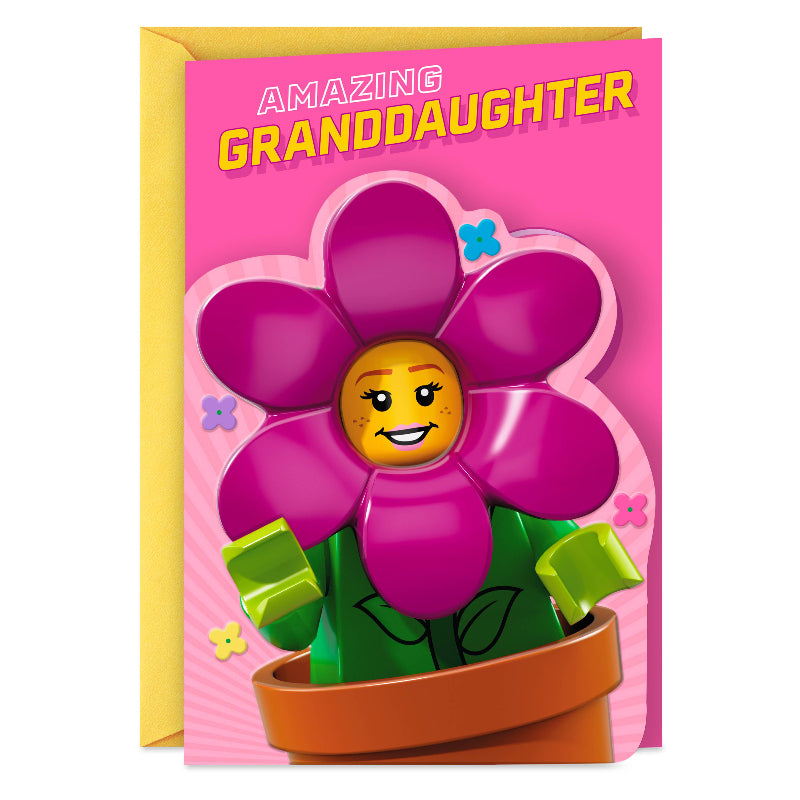 Card with a LEGO flower character and 'Amazing Granddaughter' text on a pink background