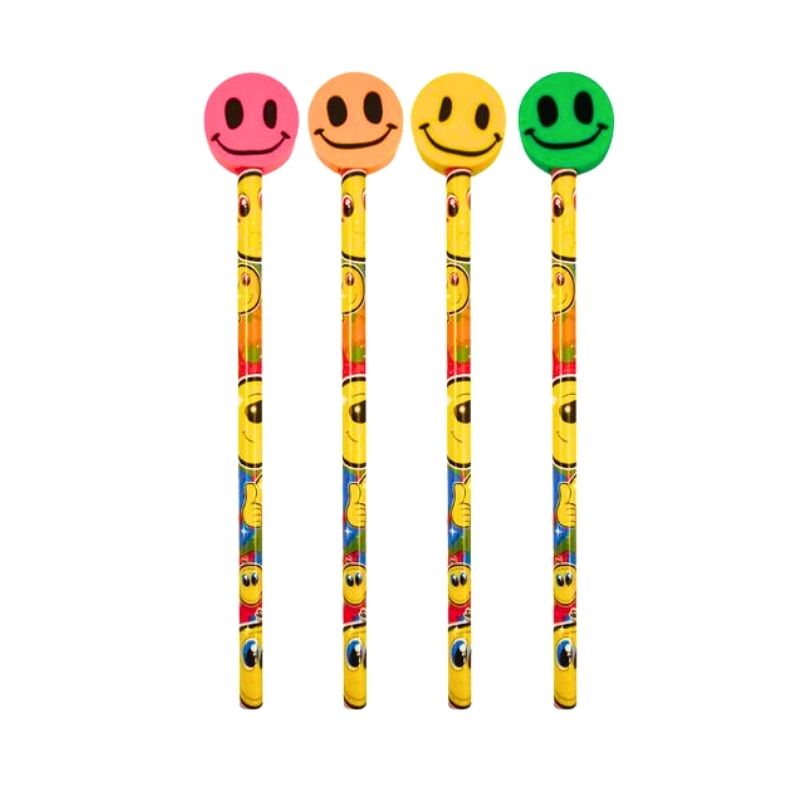 Smiley Face Pencil With Eraser Topper - Assorted