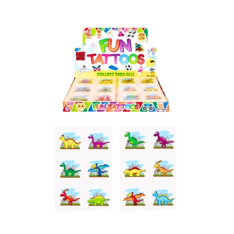 A display box of colorful dinosaur-themed collectible stickers labeled 'FUN TATTOOS' above eight sample sticker sheets showing various brightly colored dinosaurs on a white background.