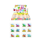 A display box of colorful dinosaur-themed collectible stickers labeled 'FUN TATTOOS' above eight sample sticker sheets showing various brightly colored dinosaurs on a white background.
