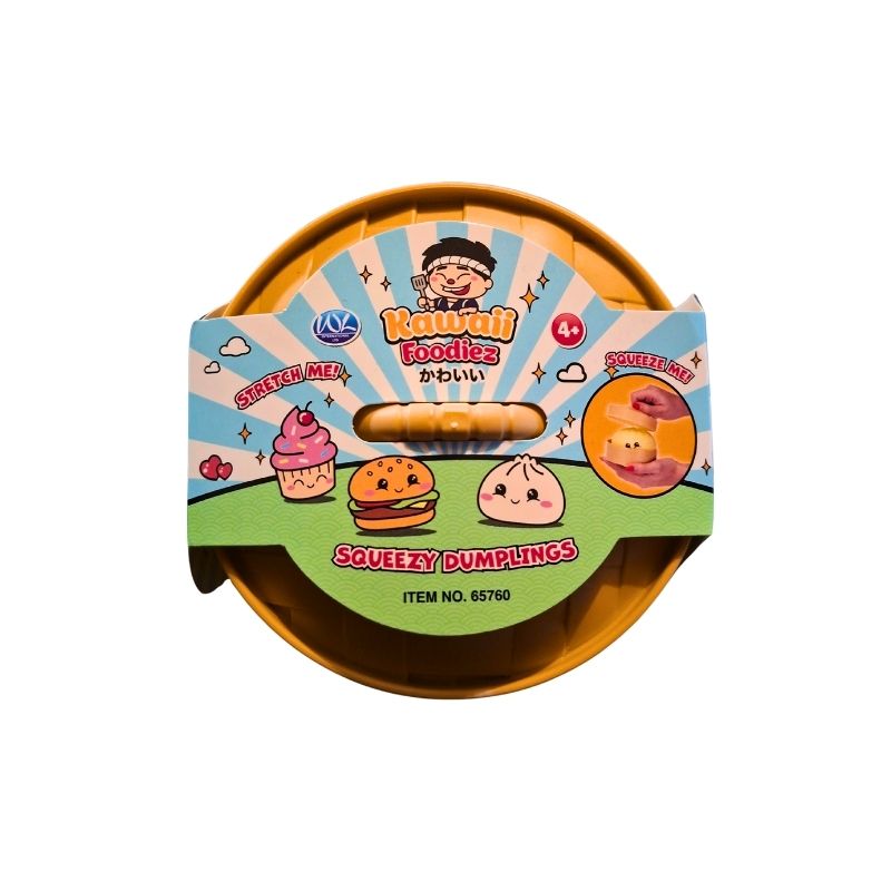 A round plastic container of Kawaii Foodies Brown Squeezzy Dumplings, featuring a colorful illustrated cardboard label with cartoon characters and food illustrations on a white background.