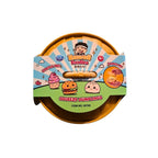 A round plastic container of Kawaii Foodies Brown Squeezzy Dumplings, featuring a colorful illustrated cardboard label with cartoon characters and food illustrations on a white background.