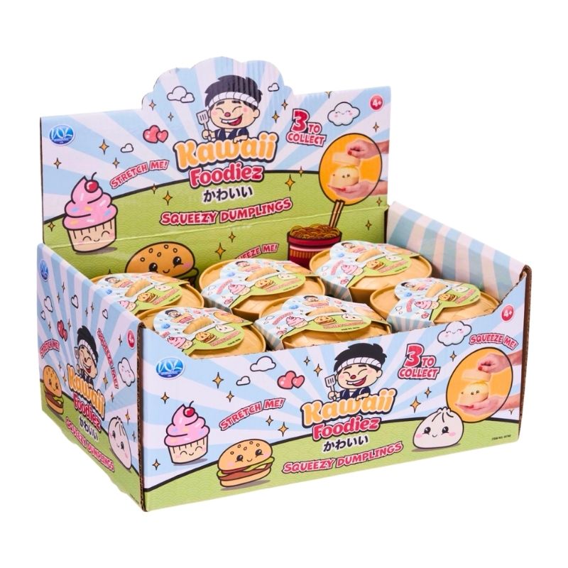 A retail display box filled with small packaged toy food items labeled 'Kawaii Foodies Squeezies Dumplings' on a plain white background.