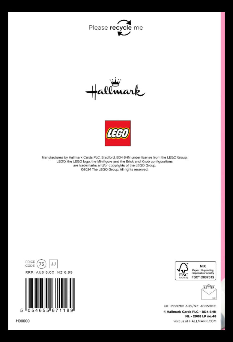 Back of a LEGO box with Hallmark branding and recycling information.