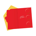 Red card with 'Happy Bot-Day!' text and gold circles on a yellow envelope.