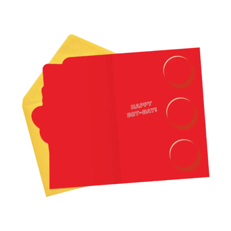 Red card with 'Happy Bot-Day!' text and gold circles on a yellow envelope.