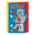 Greeting card with robot illustration and 'Amazing Grandson' text on a blue background