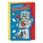 Greeting card with robot illustration and 'Amazing Grandson' text on a blue background