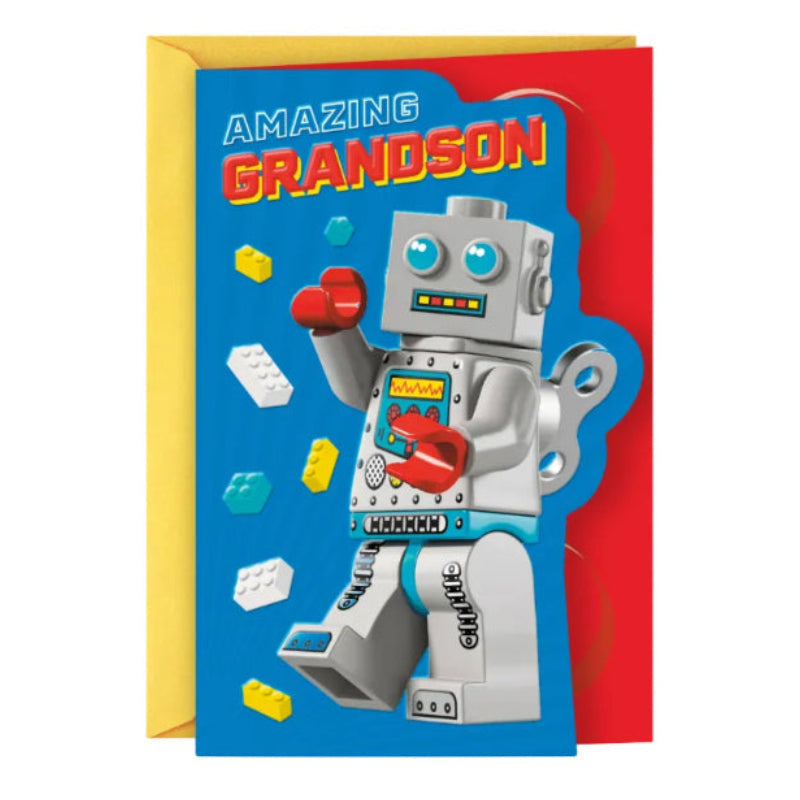 Greeting card with robot illustration and 'Amazing Grandson' text on a blue background