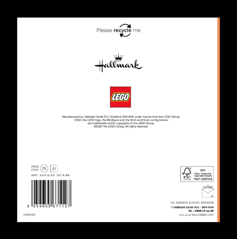 Back of a product packaging with Hallmark and LEGO branding, featuring a barcode and text.