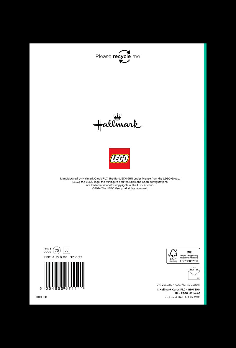 Back of a LEGO product packaging with Hallmark branding and recycling information.