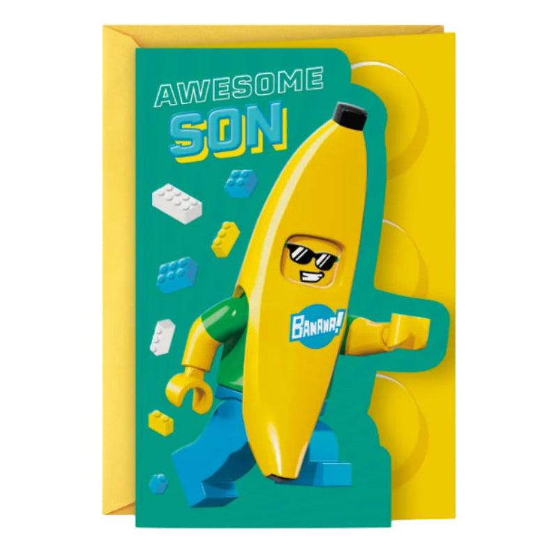 Greeting card with a LEGO banana character and 'Awesome Son' text on a yellow and teal background