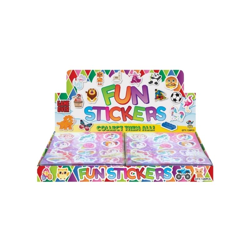 A retail display box of Fun Stickers by Sam & Out, featuring colorful cartoon animal and vehicle illustrations on the packaging and purple sticker sheets inside.