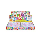 A retail display box of Fun Stickers by Sam & Out, featuring colorful cartoon animal and vehicle illustrations on the packaging and purple sticker sheets inside.