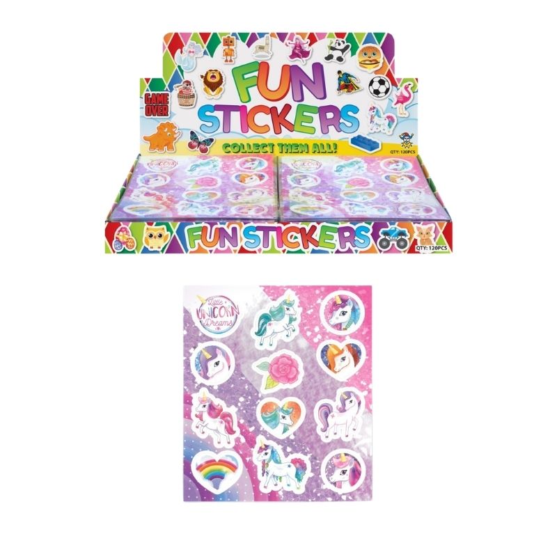 A display box of colorful unicorn-themed stickers shown above a single sticker sheet. The packaging is bright and playful with rainbow text and cartoon graphics, and the sheet below displays various round and shaped stickers featuring unicorns, rainbows, and pastel motifs.