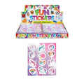 A display box of colorful unicorn-themed stickers shown above a single sticker sheet. The packaging is bright and playful with rainbow text and cartoon graphics, and the sheet below displays various round and shaped stickers featuring unicorns, rainbows, and pastel motifs.