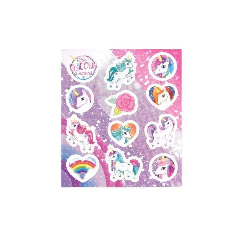 A sheet of colorful unicorn-themed stickers on a pink and purple watercolor background, featuring cartoon unicorns, rainbows, and a rose. The brand logo 'Unicorn Dreams' is visible in the top left corner.