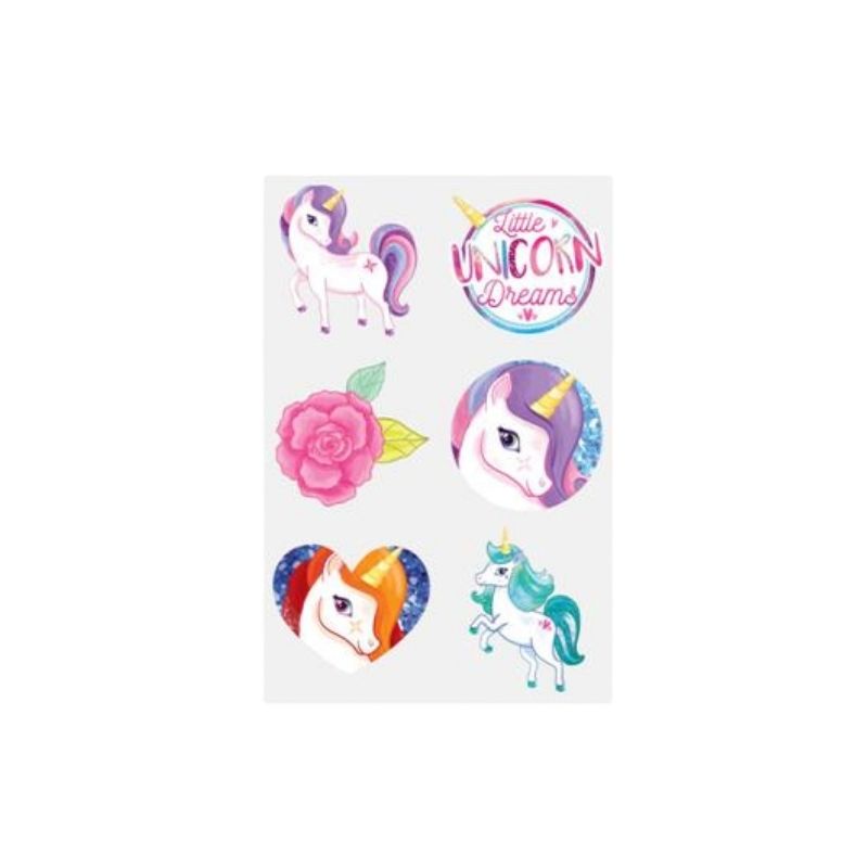 A sheet of temporary tattoos featuring various colorful unicorn designs, a pink rose, and a heart-shaped unicorn, with one circular sticker reading 'Little Unicorn Dreams'.