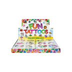 A retail display box of 'Fun Tattoos' by Overland, featuring colorful cartoon graphics and multiple sheets of temporary body tattoos inside.