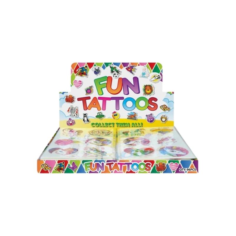 A retail display box of 'Fun Tattoos' by Overland, featuring colorful cartoon graphics and multiple sheets of temporary body tattoos inside.