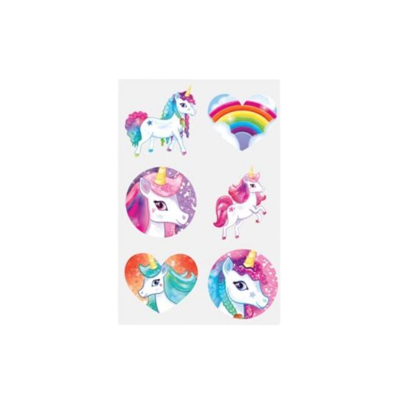 A sheet of colorful unicorn-themed stickers on a light gray background, featuring white unicorns with pink, purple, and blue manes, a rainbow heart, and two circular close-up unicorn face designs.
