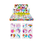A display box of colorful 'FUN TATTOOS' with two sample sticker sheets below, featuring cartoon unicorns, roses, hearts, and rainbow motifs on a plain white background.