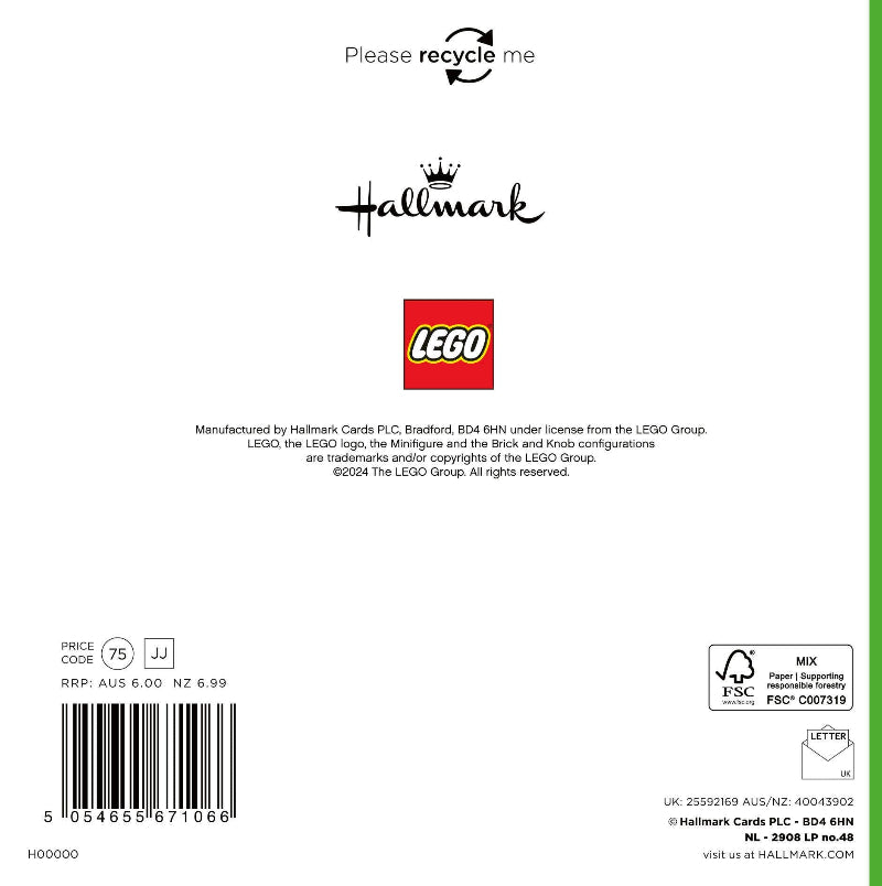 Back of a product packaging with Hallmark and LEGO branding, featuring a barcode and text.