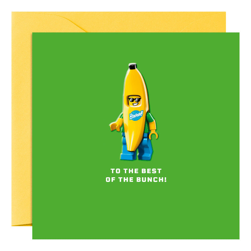 Greeting card with a banana-shaped figure and text on a green background
