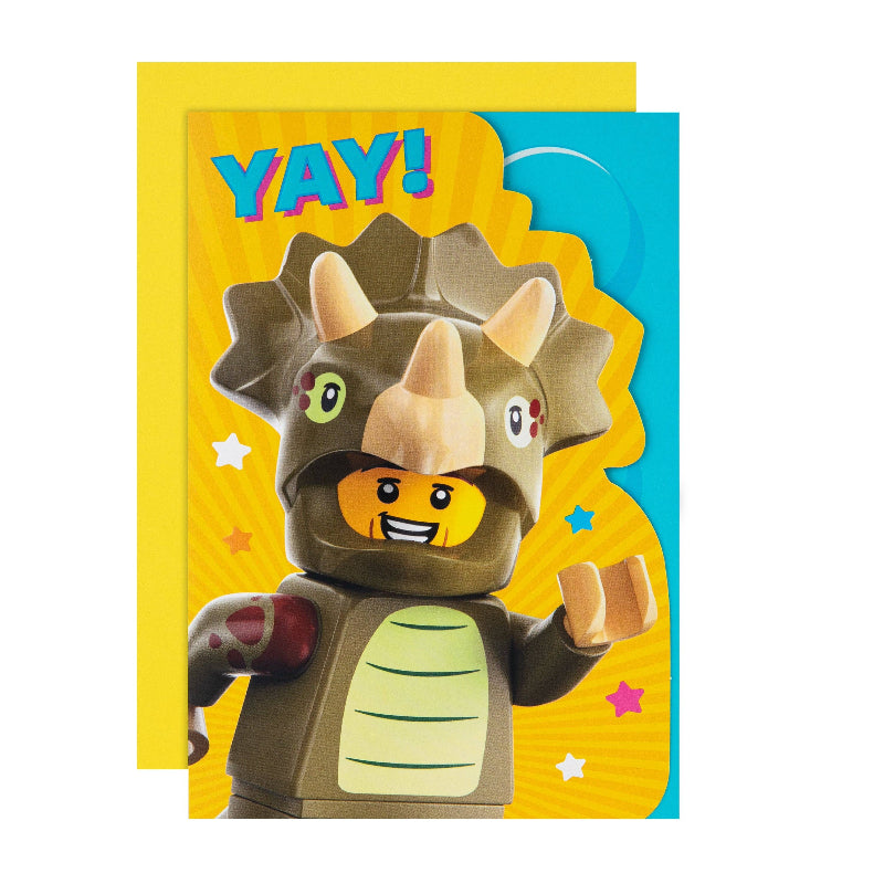 LEGO dinosaur character with 'YAY!' text on a colorful background