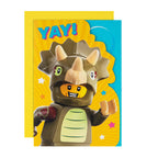 LEGO dinosaur character with 'YAY!' text on a colorful background