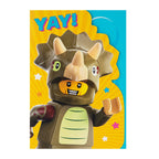 Toy figure of a dinosaur with a happy expression on a colorful background