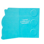 Blue silicone mold with circular cavities and text on a white background