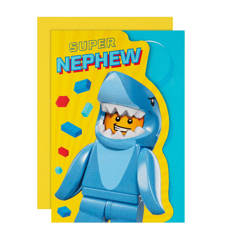 Card with a shark-themed character and 'Super Nephew' text on a yellow and blue background