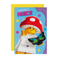 Greeting card with a LEGO character wearing a red mushroom hat and holding a butterfly, with 'Lovely Niece' text.