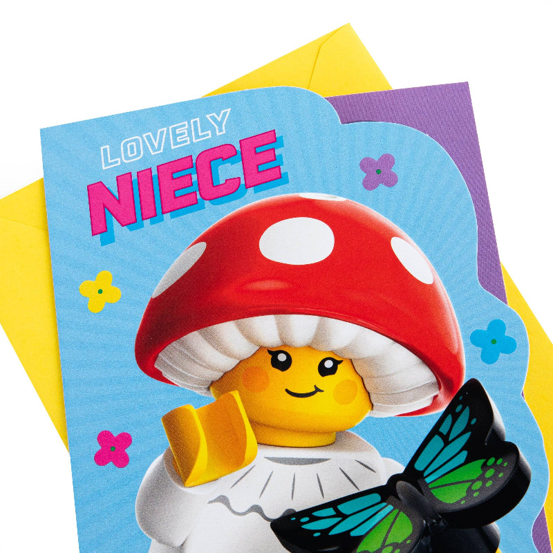 Card with a LEGO character wearing a mushroom hat and a butterfly, labeled 'Lovely Niece'.