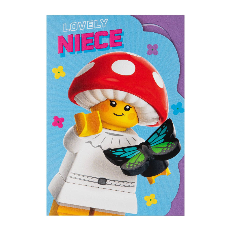 LEGO character with a mushroom hat and butterfly, surrounded by colorful elements on a blue and purple background.